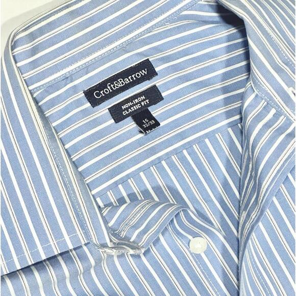 Croft & Barrow Men's Classic Fit Non-Iron Cotton Blue & White Stripes 15 32/33 - Picture 15 of 15
